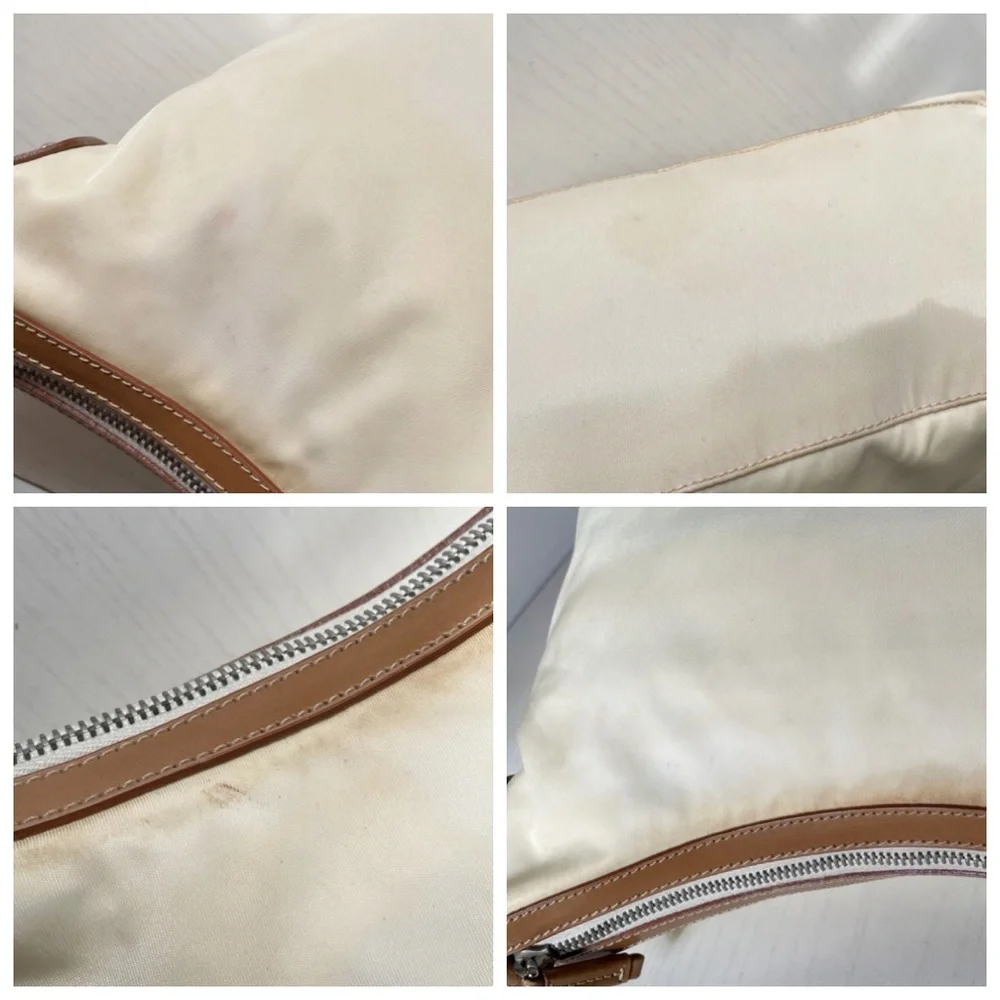 Prada white nylon camel brown leather embossed logo shoulder hobo bag